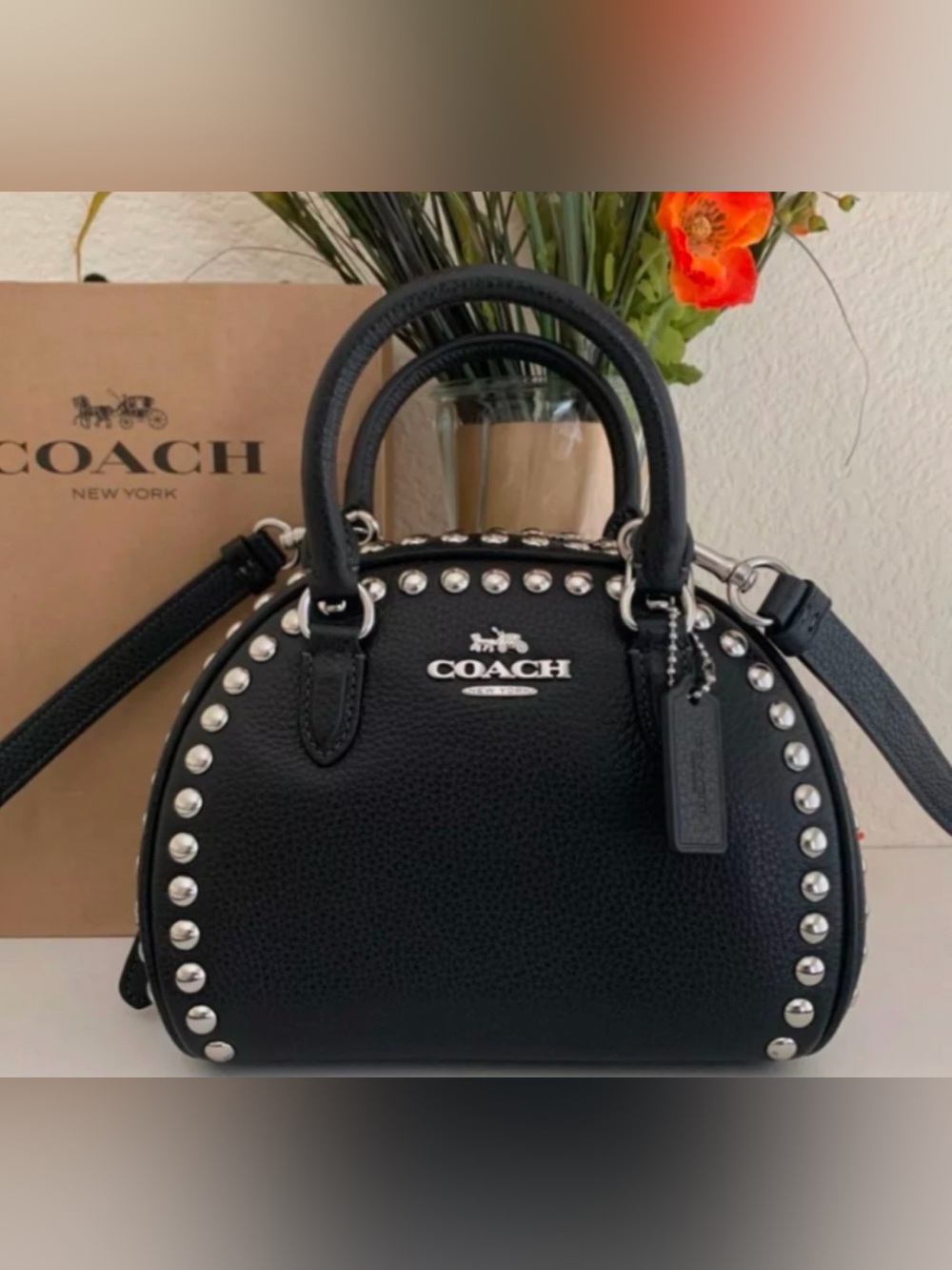 Coach Black Leather Studded Dome Satchel with Silver Hardware